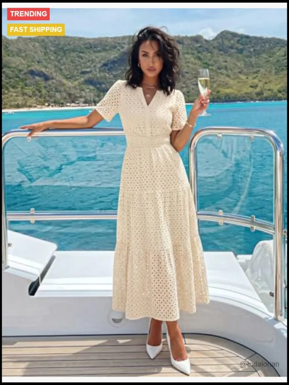 V Neck Short Sleeve Hollow Out Eyelet Ruffle Swing Maxi Dress with Pockets - Picture 3 of 7